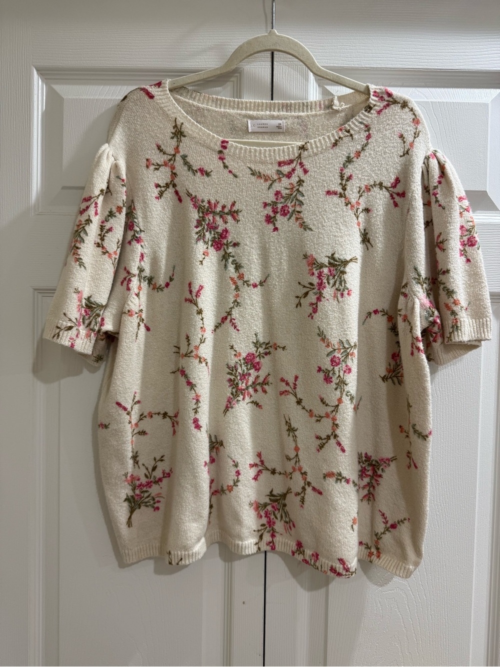 LC Lauren Conrad Cream Knit Top with Pink Floral Embroidery